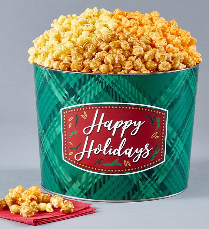 Happy Holidays 2 Gallon 3 Flavor Popcorn Tin