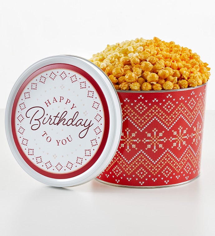 Happy Birthday Cozy Holiday 2 Gallon 3 Flavor Popcorn Tin