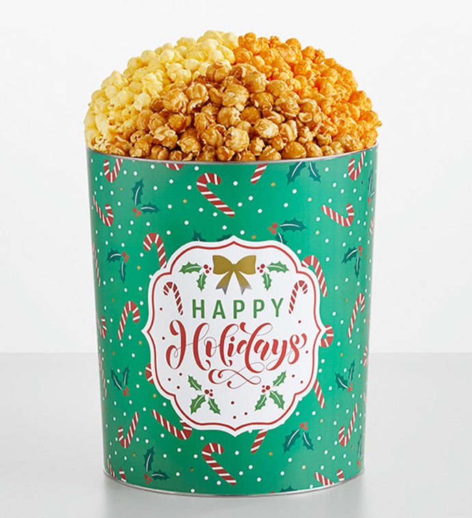 Happy Holidays 3 1/2 Gallon 3 Flavor Popcorn Tin