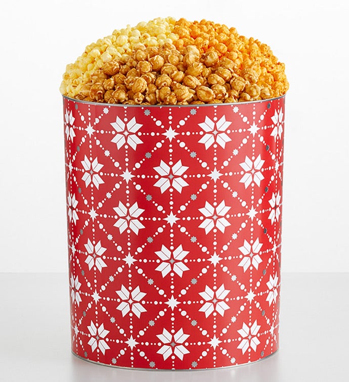 Red Snowflakes  6 1/2 Gallon 3 Flavor Popcorn Tin