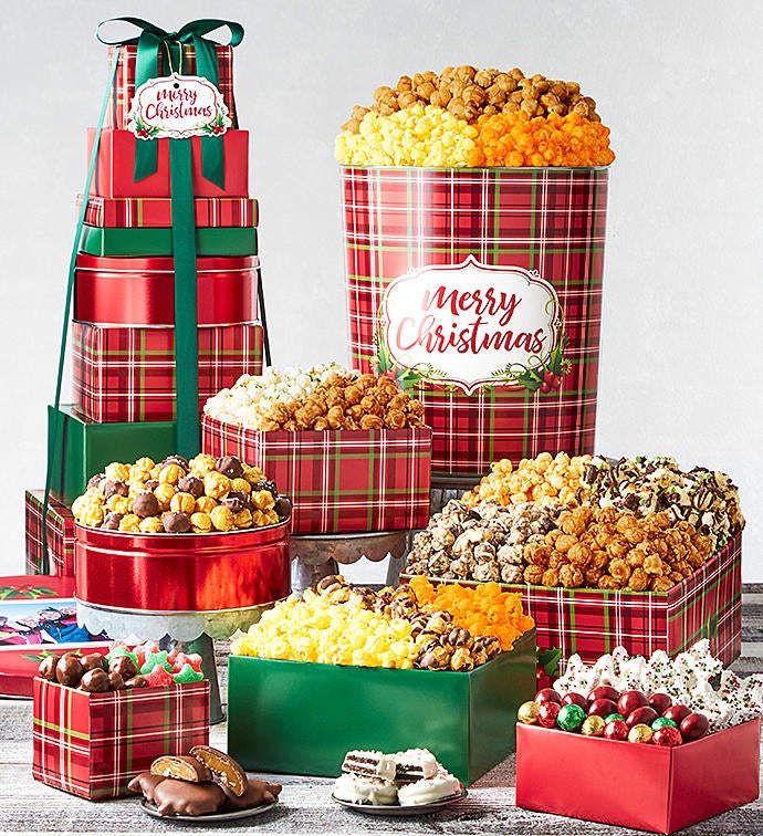 8 Tier Holly Plaid Merry Christmas Tower & Tin