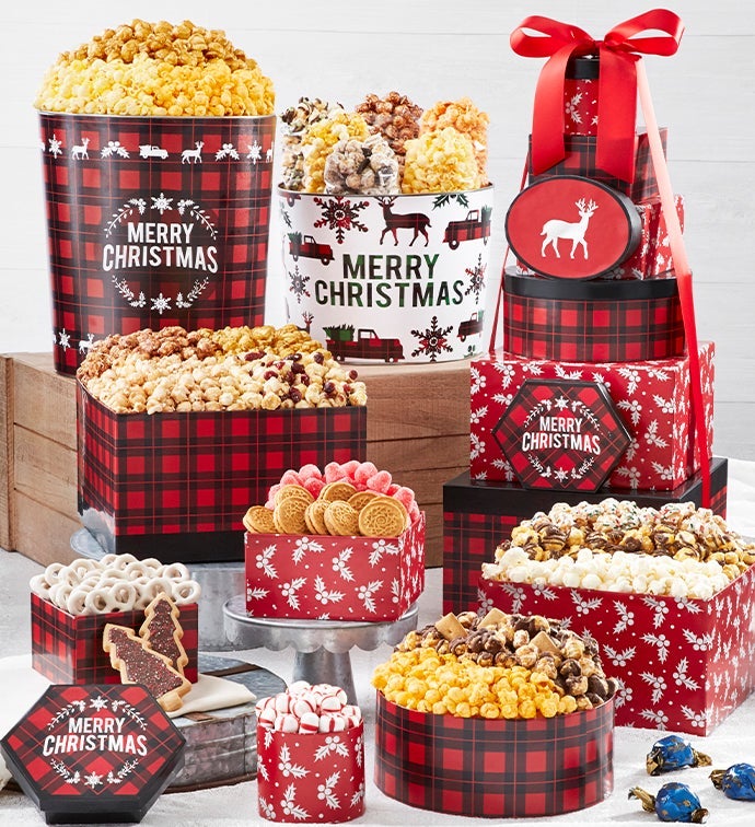Very Merry Plaid 8 Tier Gift Tower with 2 Gallon & 3 1/2 Gallon Popcorn Tins