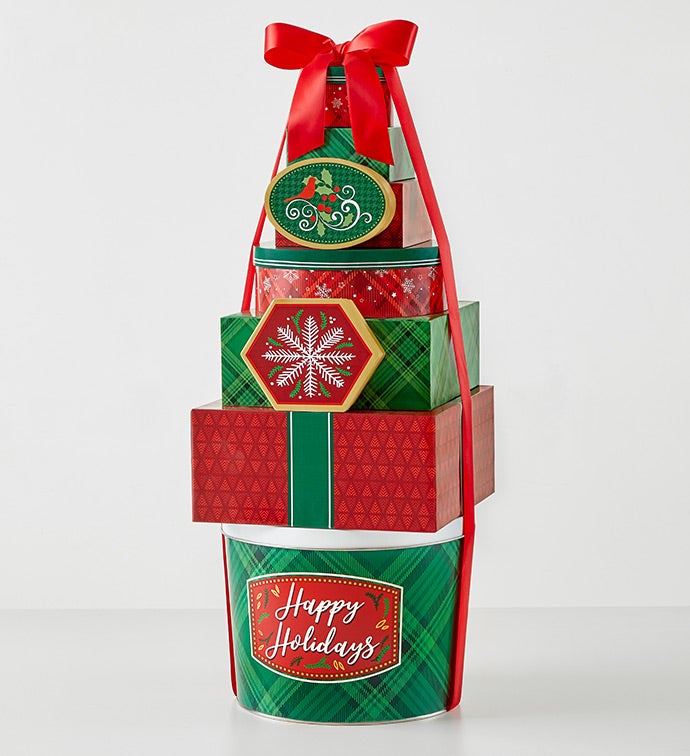 Happy Holidays 8 Box Gift Tower and 2 Gallon 3 Flavor Popcorn Tin