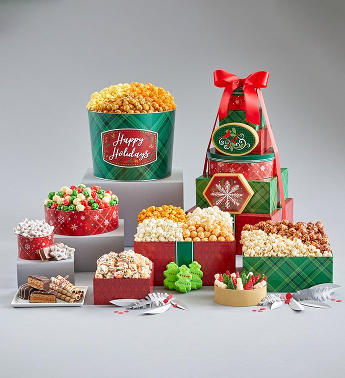 Happy Holidays 8 Box Gift Tower and 2 Gallon Popcorn Tin 3 Flavor