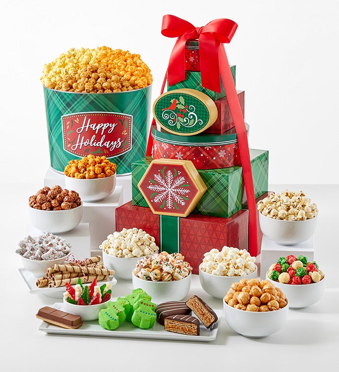 Happy Holidays 8 Box Gift Tower and 2 Gallon 3 Flavor Popcorn Tin