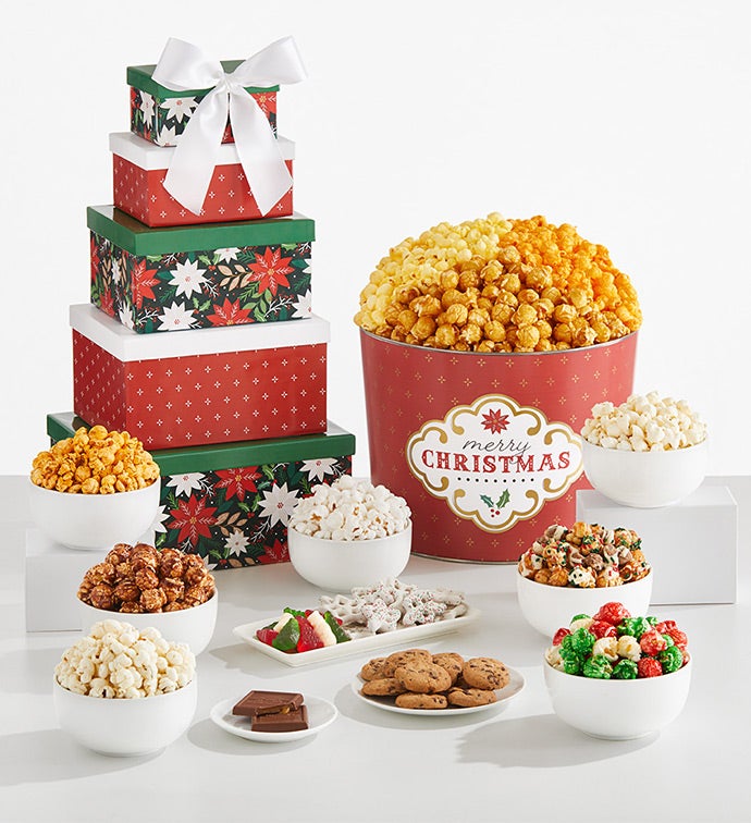 Merry Christmas 5 Box Gift Tower and 2 Gallon Popcorn Tin 3 Flavor