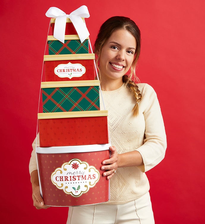 Merry Christmas 5 Box Gift Tower and 2 Gallon Popcorn Tin 3 Flavor