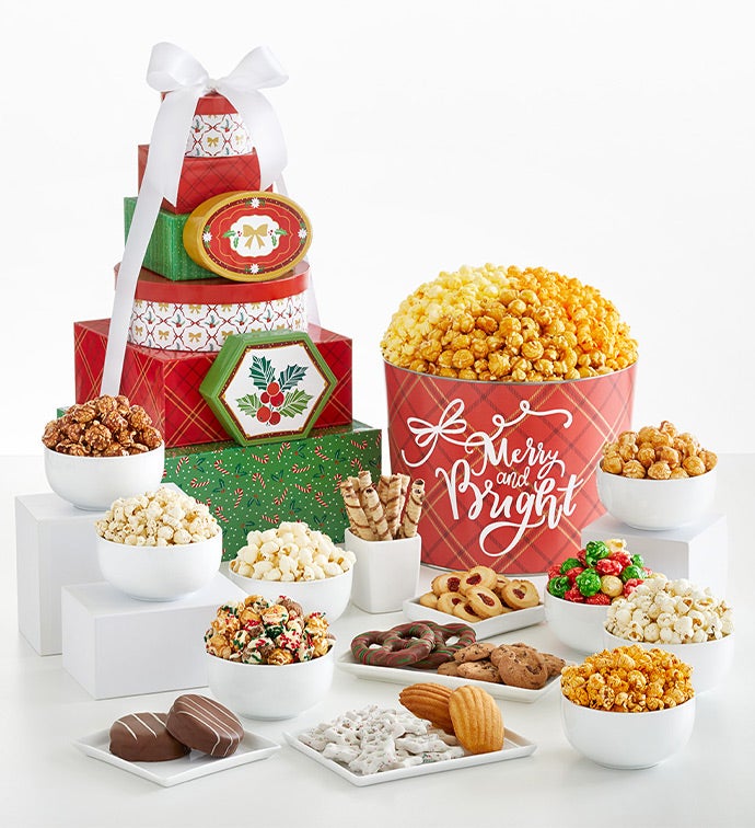 Happy Holidays 8 Box Gift Tower and 2 Gallon Popcorn Tin 3 Flavor