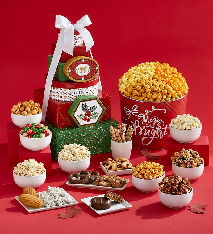 Happy Holidays 8 Box Gift Tower and 2 Gallon Popcorn Tin 3 Flavor