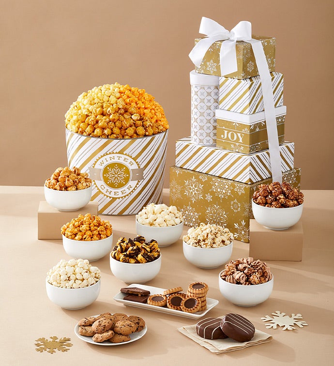 Golden Snowflakes 6 Box Gift Tower and 2 Gallon Popcorn Tin 3 Flavor
